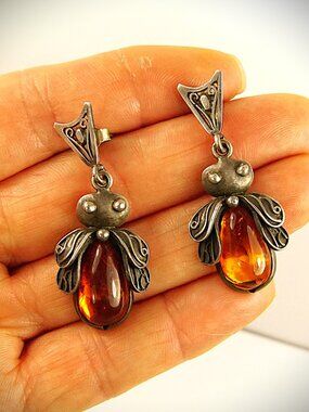 Old Fashioned Bee Earrings - Baltic Amber and Sterling Silver
